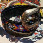 1990S COLORFUL BEADED BELT WHIPSTITCHED EDGES SILVER BUCKLE, LOOP & END TIP