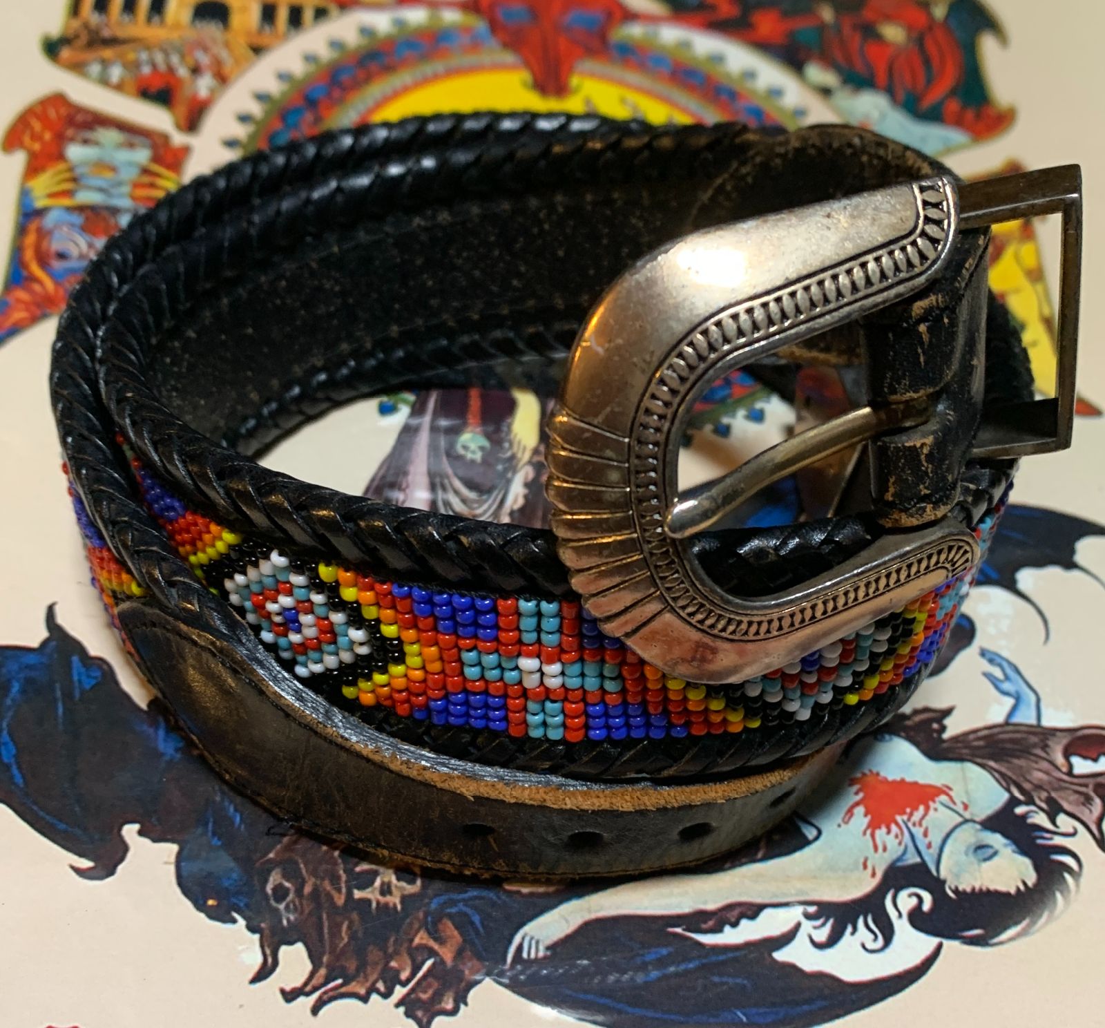 product details: 1990S COLORFUL BEADED BELT WHIPSTITCHED EDGES SILVER BUCKLE, LOOP & END TIP photo
