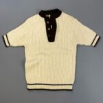 1960S RIBBED KNIT QUARTER POLO SWEATER W/ STRIPPED HEMS