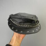 LEATHER STUDDED BIKER HAT WITH CHAIN TRIM MADE IN MEXICO