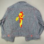 HAND MADE DENIM JACKET RED CONTRAST STITCHING EMBROIDERED PARROT