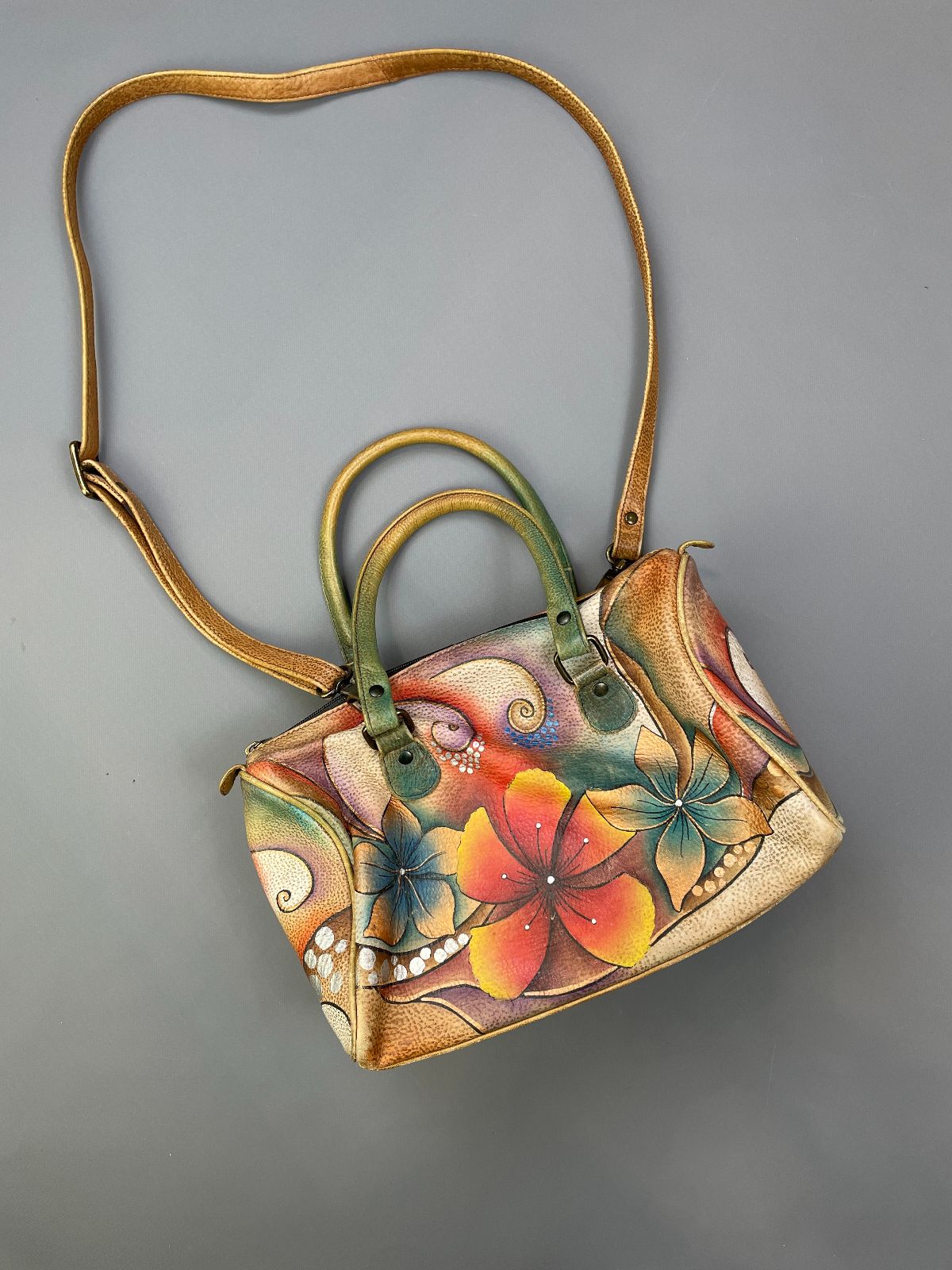 product details: SUPER COOL! 1980S HAND-PAINTED & SIGNED BY ARTIST DOUBLE HANDLE LEATHER SPEEDY BAG photo