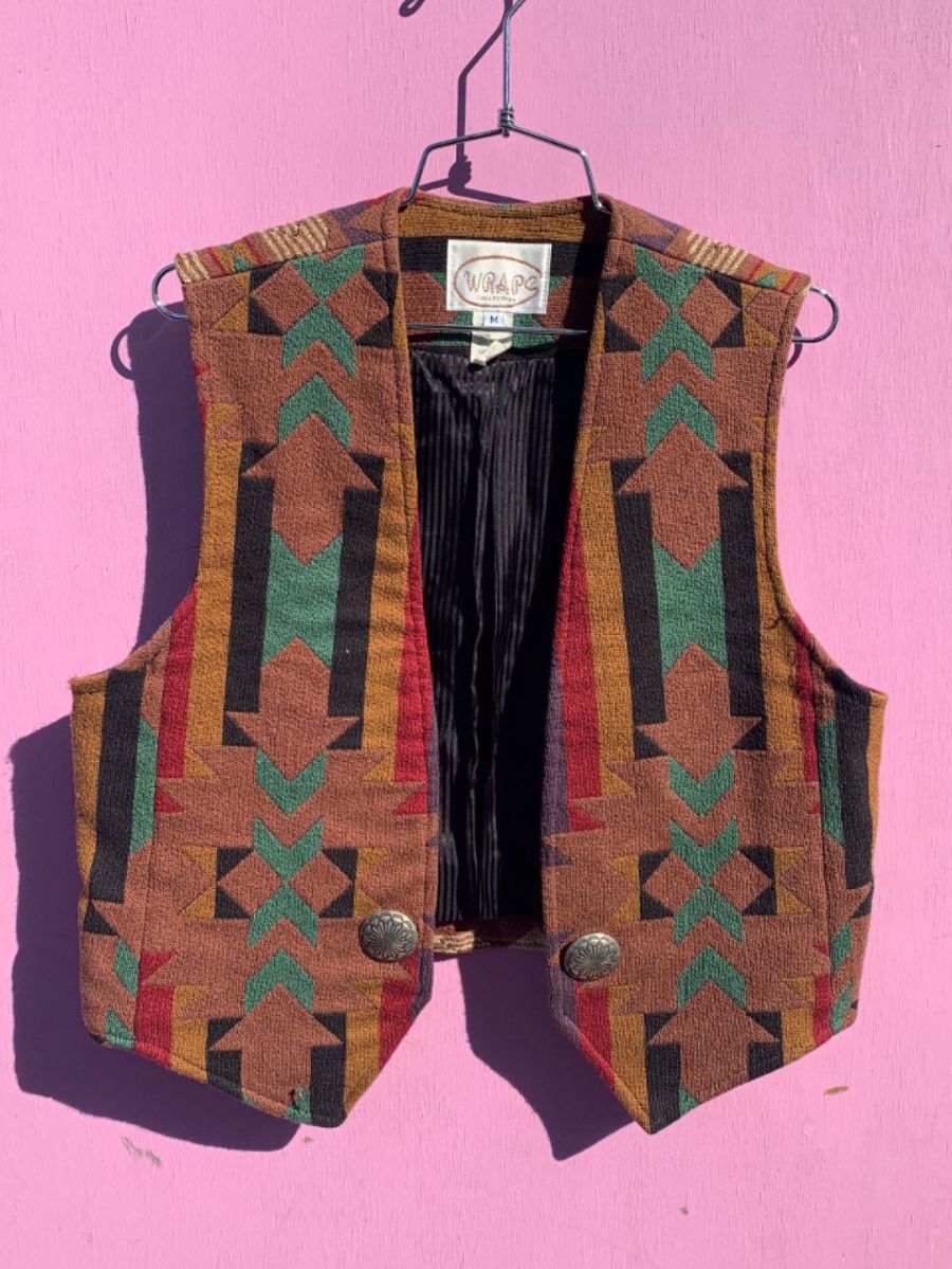 product details: FUNKY! 1990S TAPESTRY STYLE NAVAJO GEOMETRIC DESIGN OPEN VEST SILVER CONCHO ACCENTS photo
