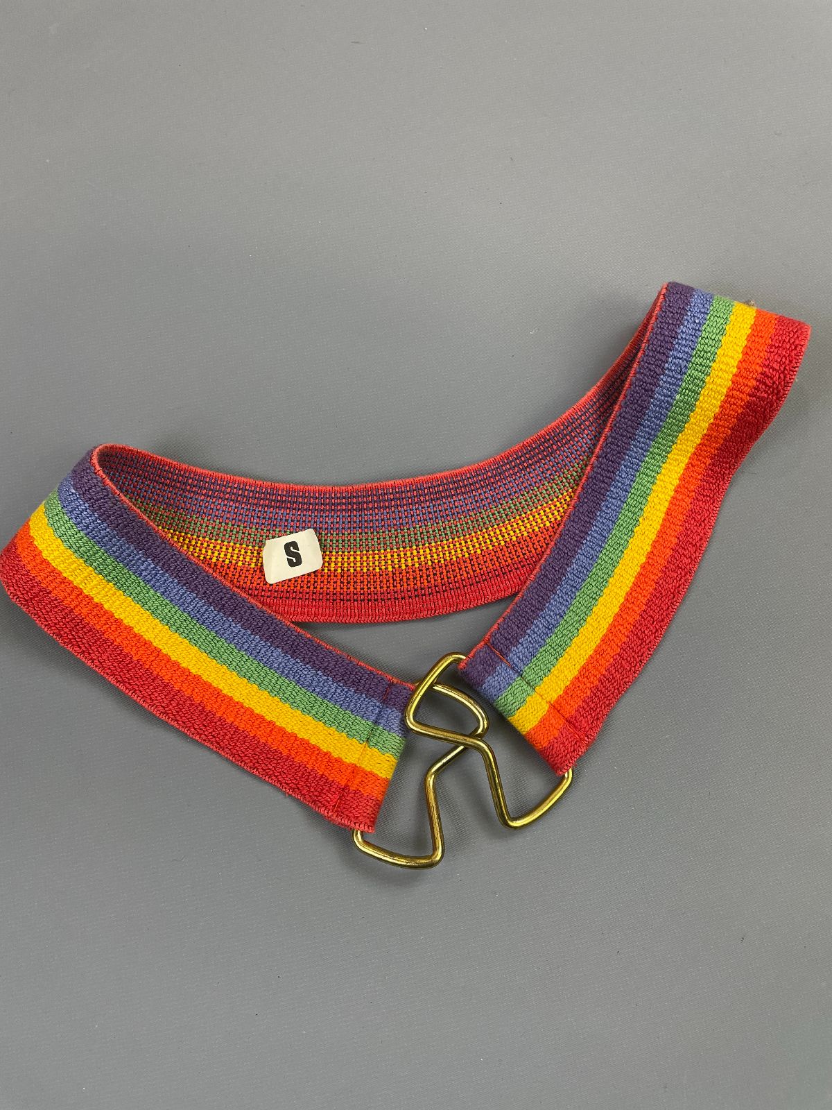 product details: FUN! DEADSTOCK! 1970S-80S WIDE RAINBOW STRETCH BELT DOUBLE BRASS BUCKLES photo