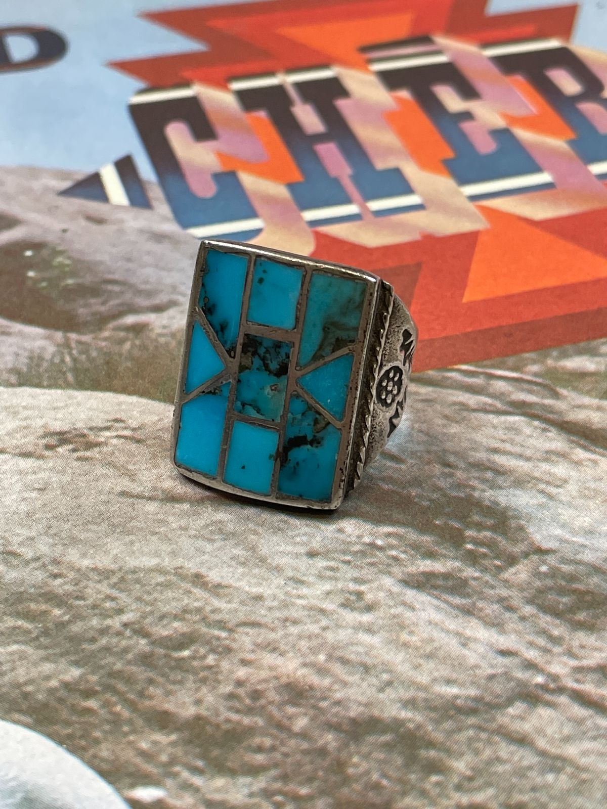 product details: GEOMETRIC TURQUOISE INLAY SQUARE SETTING STERLING SILVER RING DECORATIVE SIDES photo