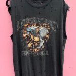 DISTRESSED HORSEPOWER FROM HELL FLAMING SKULLS ENGINE GRAPHIC CHOP SLEEVE T SHIRT