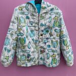 AS-IS PUFFY HOODED SKI PRINT JACKET W/ ADDED PATCHES