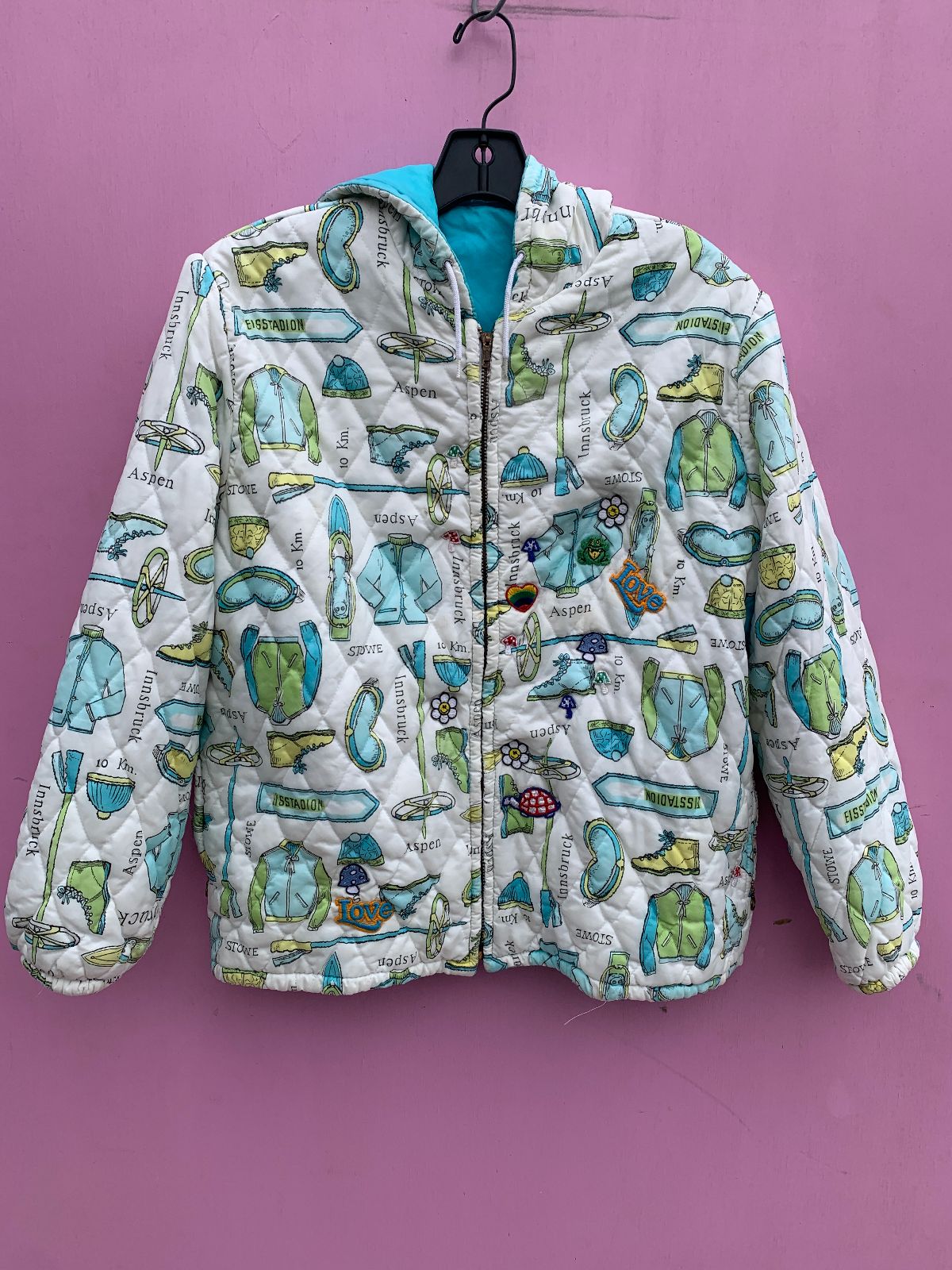 product details: AS-IS PUFFY HOODED SKI PRINT JACKET W/ ADDED PATCHES photo
