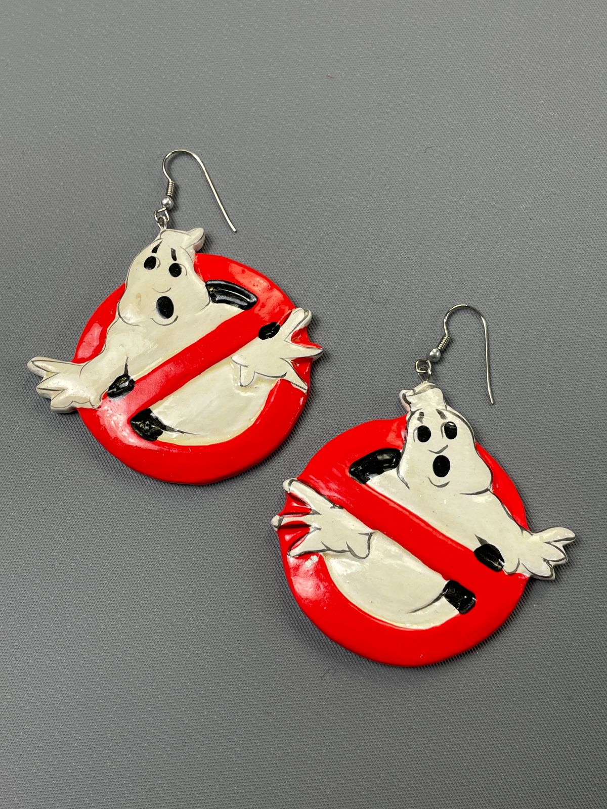 product details: FUN GHOSTBUSTERS CARVED WOOD PAINTED EARRINGS photo