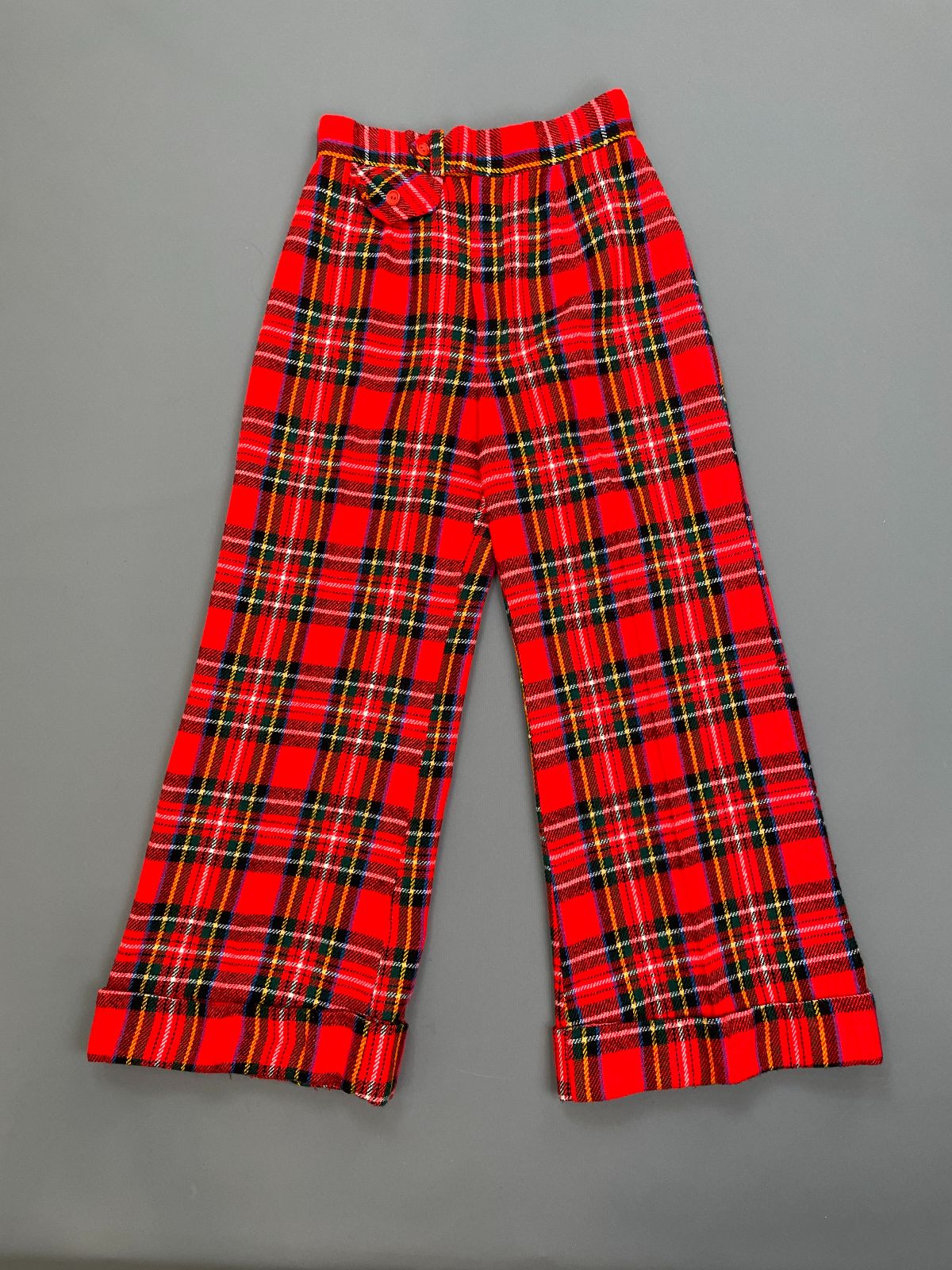 product details: BRIGHT! 1970S HIGH WAISTED CUFFED WIDE LEG PLAID FLANNEL STYLE PANTS SMALL FRONT COIN POCKET photo