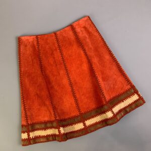 Photo detail:*AS-IS* 1960S-70S TWO TONED SUEDE A-LINE LEATHER SKIRT CROCHET PANELES