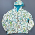 *AS-IS* PUFFY HOODED SKI PRINT JACKET W/ ADDED VINTAGE PATCHES