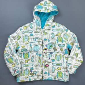 Photo detail:*AS-IS* PUFFY HOODED SKI PRINT JACKET W/ ADDED VINTAGE PATCHES