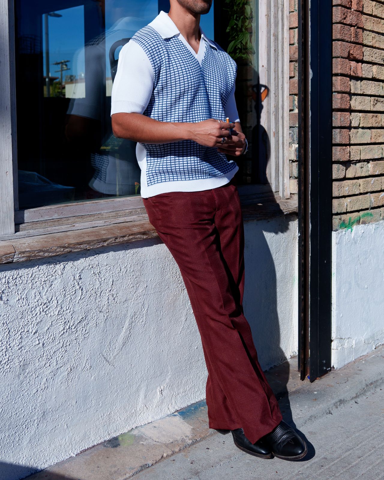 product details: 1970S DEADSTOCK NWT WINDOWPANE MAROON HAND TAILORED WIDE LEG TROUSER PANTS photo