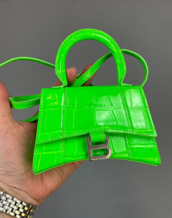 BALENCIAGA NEON GREEN CROC EMBOSSED LEATHER NANO HOURGLASS TOP HANDLE BAG