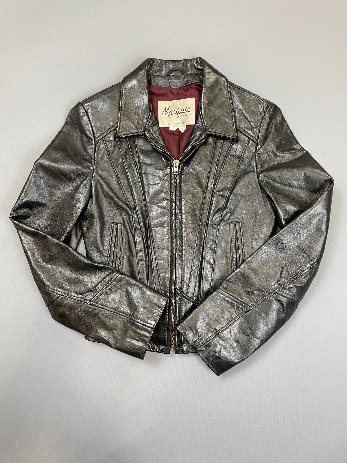 product details: SUPER RAD! 1960S SUPER SMALL FIT HIGH POLISHED ZIP FRONT CROPPED LEATHER JACKET photo