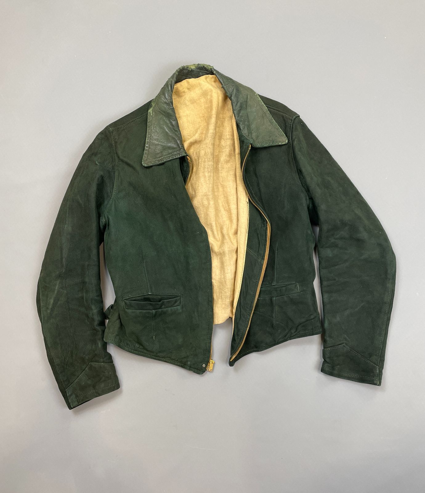 product details: *AS-IS* 1930S-40S FOREST GREEN SUEDE LEATHER COLLAR TALON ZIP JACKET photo