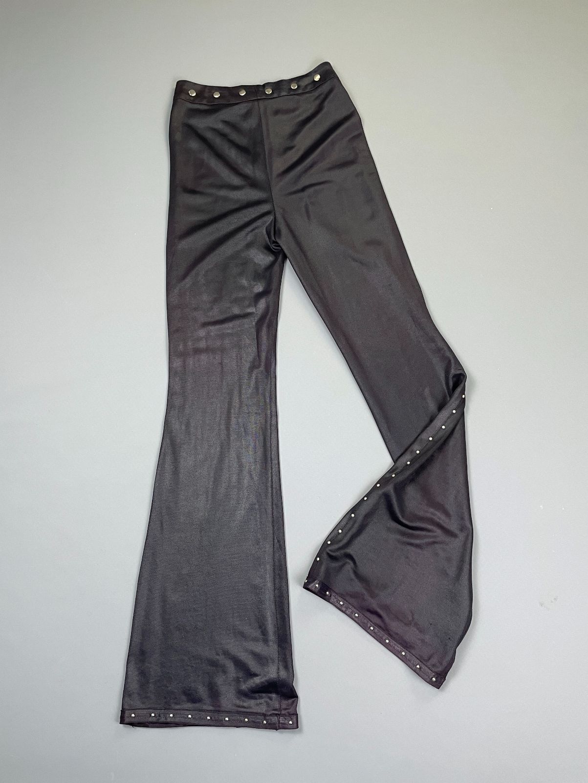 product details: *AS-IS* INSANE!!! 1970S NYLON SILVER STUDDED FLARE LEG BELLS PANTS photo