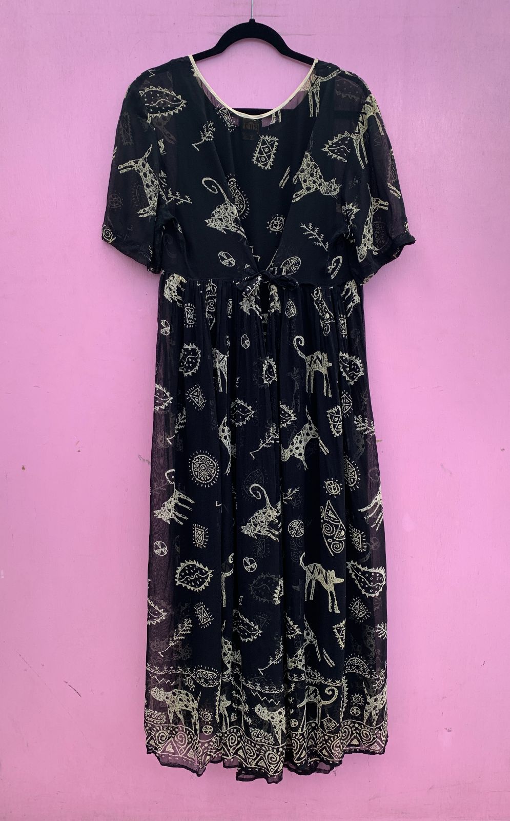 product details: *AS-IS* 1990S SHEER PETROGLYPH PRINT DOUBLE LAYERED MAXI DRESS photo
