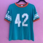 *AS-IS* AWESOME #42 BRIGHT TEAL & ORANGE RIBBED COLLAR AND CUFF JERSEY T-SHIRT ELAINE