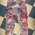 CUSTOM OVERDYED BLUE UNIFORM TROUSER PANTS W/ TWO TONE PSYCHEDELIC MAGENTA PAINT DESIGN