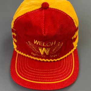 VERNON WELCH BROS EMBROIDERED THREE STRIPE CORDUROY SNAPBACK HAT in RED, YELLOW