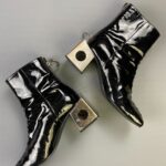CRAZY! PATENT LEATHER ARCHITECTURAL METAL HEEL SQUARE TOE CHELSEA BOOT LACE UP DETAIL, CHUNKY METAL ZIPPER