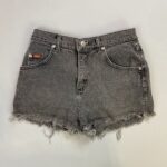 LEE CUT OFF SHORTS FADED BLACK BURGUNDY TAG 28 BROWN LEATHER PATCH