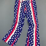 *AS-IS* ALL AMERICAN! 1960S STAR SPANGLE PRINTED FLARED LOW RISE JEANS FRONT WELT POCKET- TALON ZIPPER