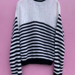 CUTE! BLACK STRIPE ON WHITE KNIT SWEATER RIBBED COLLAR AND CUFFS