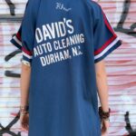 DAVIDS AUTO CLEANING BUTTON UP BOWLING SHIRT W/ STRIPED SLEEVES & CHAIN STITCHED NAMES