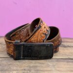 HAND-TOOLED FLORAL SCROLL LEATHER BELT WITH LEATHER BUCKLE