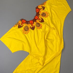 1970S 100% COTTON FULLY EMBROIDERED YOKE SUBTLE DESIGN JACQUARD KAFTAN in YELLOW, BROWN, ORANGE