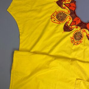 1970S 100% COTTON FULLY EMBROIDERED YOKE SUBTLE DESIGN JACQUARD KAFTAN in YELLOW, BROWN, ORANGE