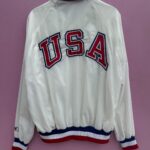 RAD! 1970S-80S CHAMPION EMBROIDERED OLYMPIC TEAM JACKET USA BACK LETTERING STRIPED COLLAR & CUFFS