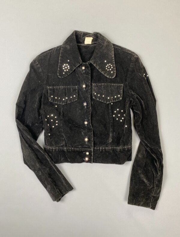 FUCKING KILLER! 1960S RHINESTONE STUDDED CROPPED VELVET JACKET ROUNDED COLLAR UNIQUE RHINESTONE BUTTONS