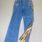 AMAZING!!! 1970S WIDE LEG BELL BOTTOM DENIM JEANS PATCHWORK SUEDE LEATHER DETAILS