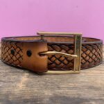 TOOLED & EMBOSSED CROSSHATCH BROWN SHADED EDGES LEATHER BELT