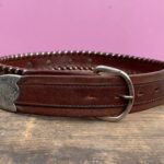 HEAVY BROWN LEATHER BELT METALLIC SILVER WHIP STITCHING, ENGRAVED 925 STERLING SILVER PLAQUE & END TIP (AFTER-MARKET BUCKLE)