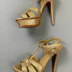 GOLD METALLIC EMBOSSED CRACKLE YSL TRIBUTE PLATFORM SANDALS