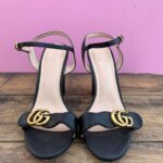 CLASSIC GUCCI GG MARMONT BLOCK HEEL STRAPPY HIGH HEEL SANDAL ANKLE STRAP & SOLID BRASS GG ADORNMENT