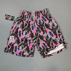 PLATINUM EVERYWEAR U.S.A PINK GEOMETRIC PRINT DEADSTOCK NWT 1990S COTTON WORKOUT SHORTS W/ POCKETS in PINK, BLACK