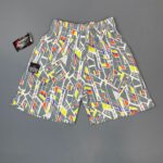 GRAY GEOMETRIC YELLOW DEADSTOCK NWT 1990S COTTON WORKOUT SHORTS W/ POCKETS