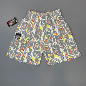 PLATINUM EVERYWEAR U.S.A GRAY GEOMETRIC YELLOW DEADSTOCK NWT 1990S COTTON WORKOUT SHORTS W/ POCKETS in GRAY, YELLOW