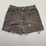 CUT OFF FADED BLACK DENIM HIGH WAISTED SHORTS LEATHER BACK TAG