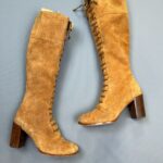 1990S DOES 1970S TALL LACE UP SUEDE KNEE HIGH BOOTS CHUNKY STACKED HEEL