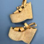 WOW! SKY HIGH! 1970S LEATHER & SUEDE STRAPPY BRASS BUCKLED SUEDE WRAPPED WOODEN PLATFORM WEDGES, MADE IN BRAZIL