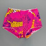 AMAAAZING!!! 1960S NEON PSYCHEDELIC FLOWER POWER HANDMADE BARKCLOTH MICRO MINI GOGO SHORTS WHITE TRIM, ZIP BACK