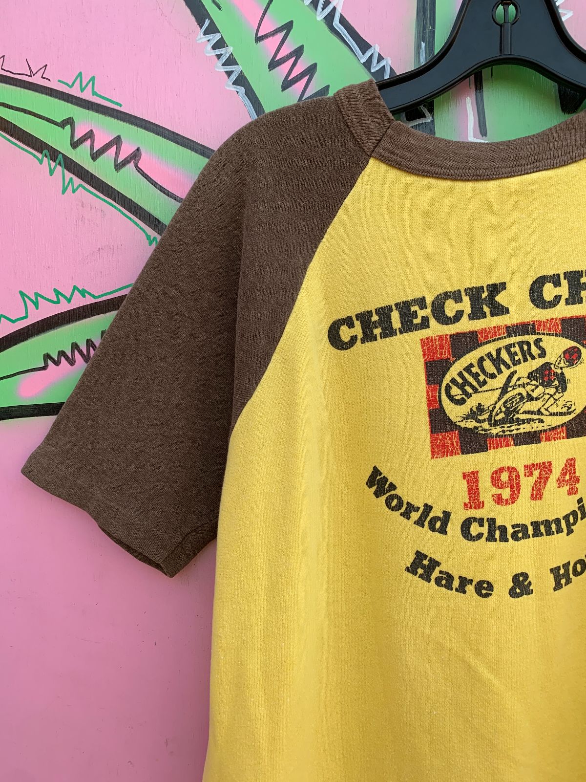 AS-IS EPIC 1974 WORLD CHAMPIONSHIP MOTORCROSS CHECK CHASE RAGLAN SHORT SLEEVE SWEATSHIRT