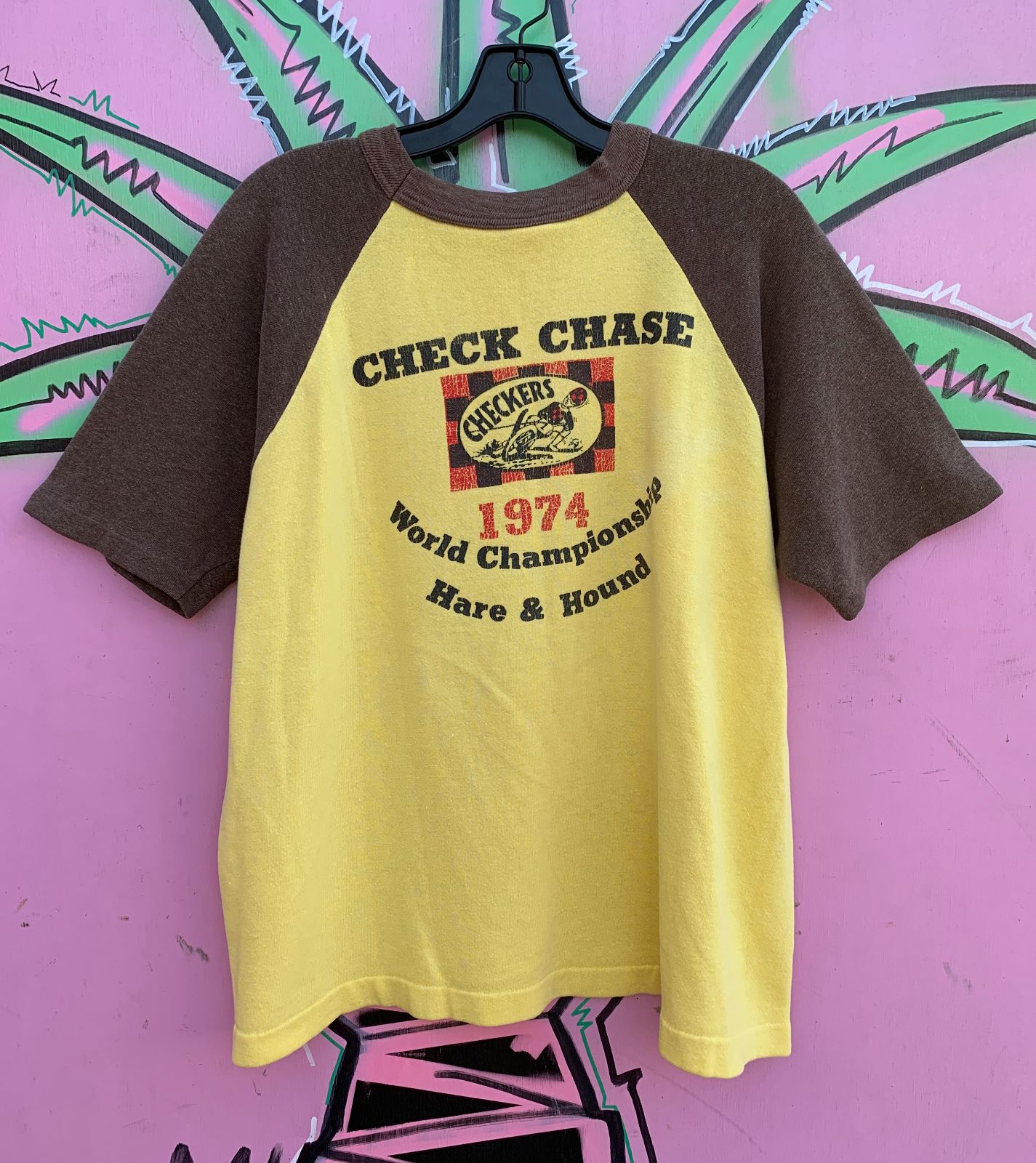 product details: AS-IS EPIC 1974 WORLD CHAMPIONSHIP MOTORCROSS CHECK CHASE RAGLAN SHORT SLEEVE SWEATSHIRT photo